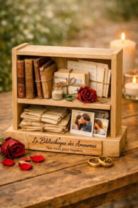 Chaque invité apporte un livre qu’il souhaite offrir aux mariés, accompagné d’un mot personnalisé. Les ouvrages sont déposés dans une bibliothèque prévue pour l’occasion. Un rituel participatif, original et riche de sens.