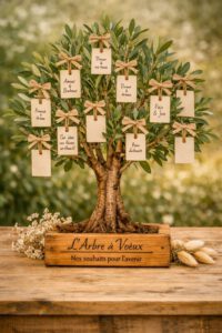 Les invités nouent un ruban sur un arbre choisi par les mariés, chacun représentant un vœu de bonheur. Un rituel poétique, parfait pour les petits comités