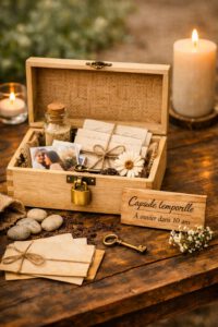 Les mariés scellent dans une boîte des objets, lettres ou souvenirs offerts par leurs proches. À l’ouverture, quelques années plus tard, ils redécouvriront ces messages remplis de tendresse et de surprises. Un rituel parfait pour prolonger la magie du mariage.