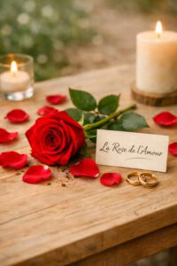Les mariés s’offrent une rose, premier cadeau de leur union. Ce geste simple et puissant peut être renouvelé chaque année ou lors de moments importants. Les invités peuvent également participer en offrant chacun une fleur, créant un moment collectif rempli d’émotion.