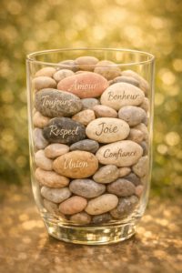 Chaque invité inscrit un vœu sur une pierre avant de la déposer dans un vase. Ce vase devient un objet décoratif chargé de sens, rappelant les messages de soutien et d’amour reçus lors du mariage.